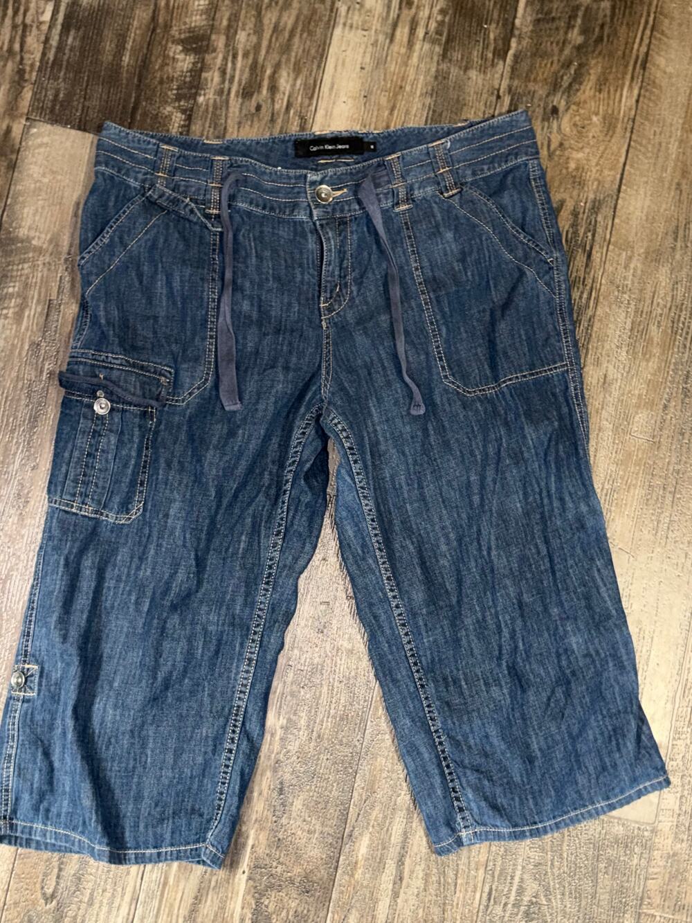 Calvin Klein Jeans Blue Denim Cargo Shorts Button Closure Drawstring Waist Flap
